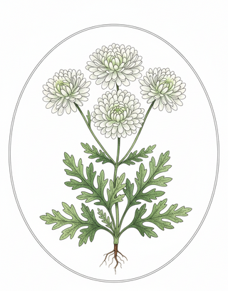 Illustration of Tanacetum parthenium, commonly known as feverfew, on a white background.