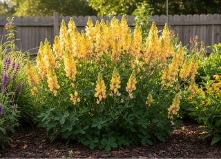 baptisia in garden with yellow flowers and pink at the base