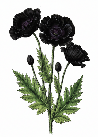 Illustration of black poppies with green leaves on a white background