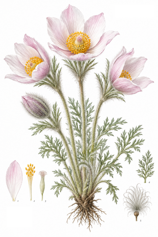 Pulsatilla vulgaris <br>SOFT PINK PASQUE FLOWER, CUTLEAF ANEMONE