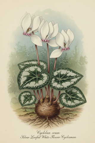 Cyclamen coum <br>SILVER LEAFED WHITE CYCLAMEN