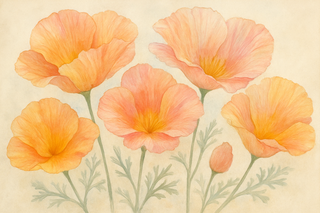 california poppy, solf colors, crepe-like texture, fines lines of color mix