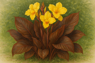 clump of canna yellow flowers with bronze leaves 
