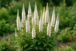clump of veronica spicata white flowers in garden