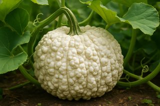 Cucurbita pepo PUMPKIN WARTY BUMPY WHITE on vine