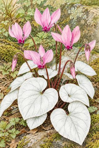 Cyclamen coum <br>SILVER LEAFED PINK CYCLAMEN