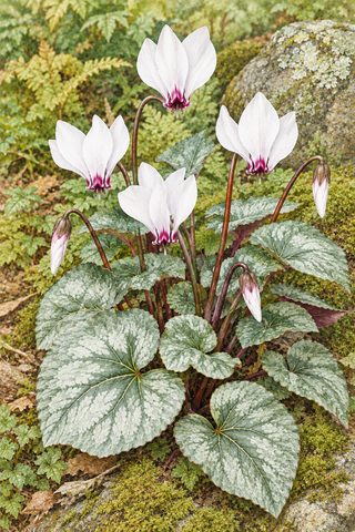 Cyclamen coum <br>SILVER LEAFED WHITE CYCLAMEN