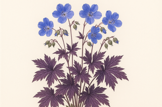 Geranium pratense with purple leaves and blue-purple tall flowers