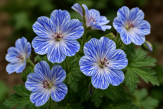 perennial geranium with flowers that are streaked blue and white