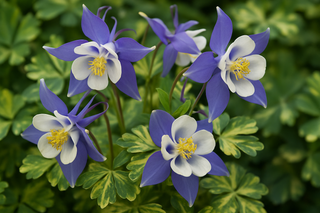 realistic aquilegia columbine with blue-violet and white flowers, and foliage that is streaked with soft-yellow