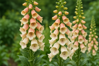 realistic foxglove flowers with peach pink near the top, and creamy lower petals