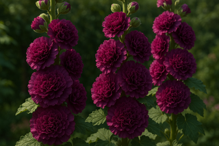 realistic hollyhock alcea fully double flowers with dark violet-pink flowers