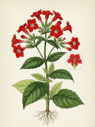 Botanical illustration of a red Nicotiana tabacum plant with detailed leaves and roots on a beige background.