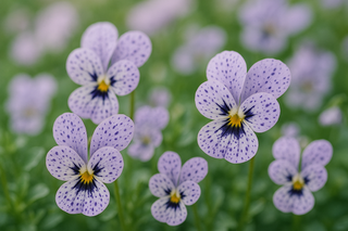 small viola flowers with light violet colored flowers with dark freckles on the flowers