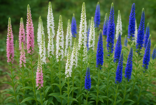 tall spikes of veronica spicata with mixed colours flowers pink, white and blue, in garden