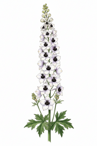 Delphinium elatum <br>DELPHINIUM 'BLACK EYED ANGELS' White